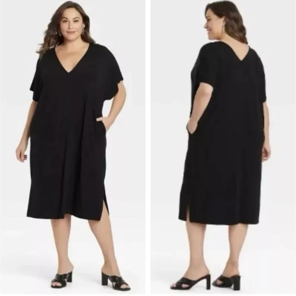 Ava & Viv Dolman Short Sleeve Shift Midi Dress Stretch Plus Size 1X -16/18 Black